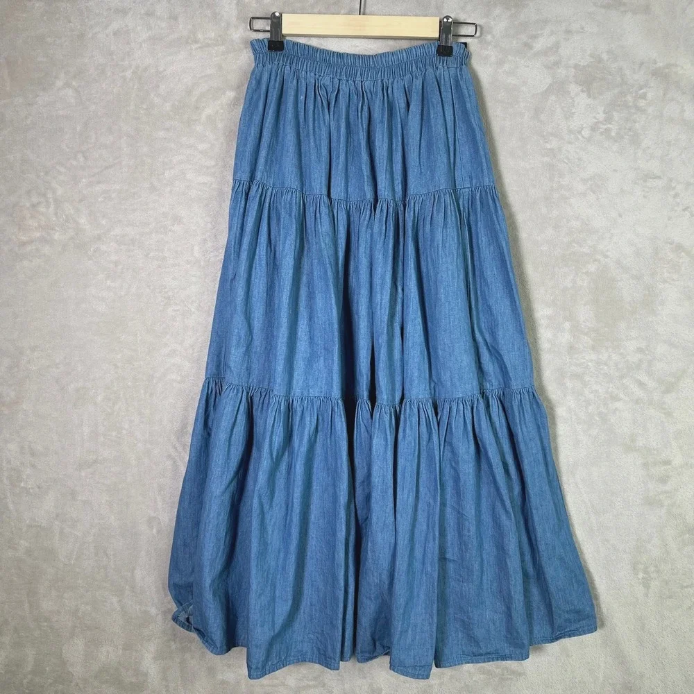 Vtg On The Verge Skirt Womens S Chambray Tiered Prairie Beach Cowgirl Boho USA